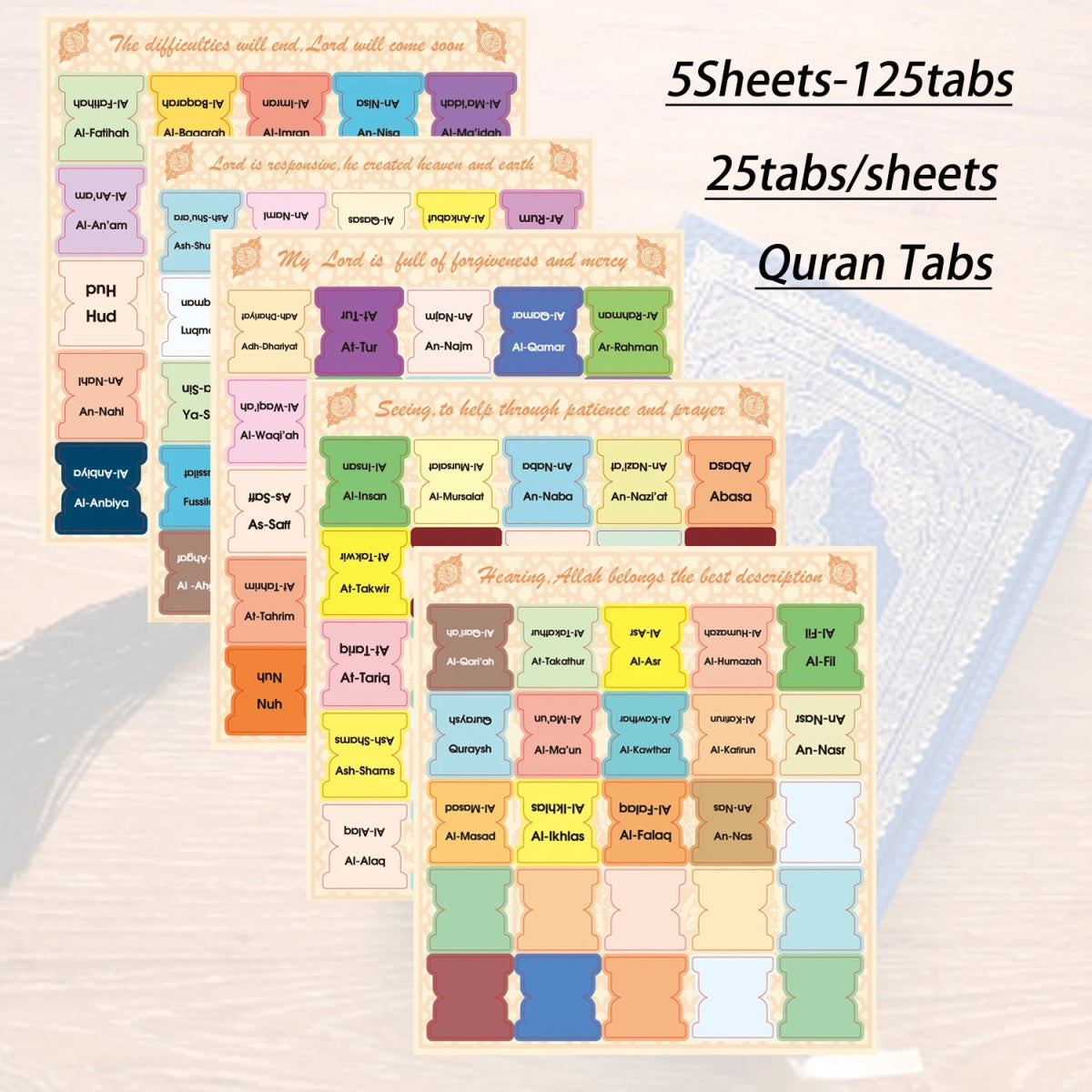 125 Onglets du Coran Laminés – 114 Sourates + 11 Vierge | Onglets d’Index, Étiquettes, Marque - pages pour Livre du Coran MULTI Al - imen