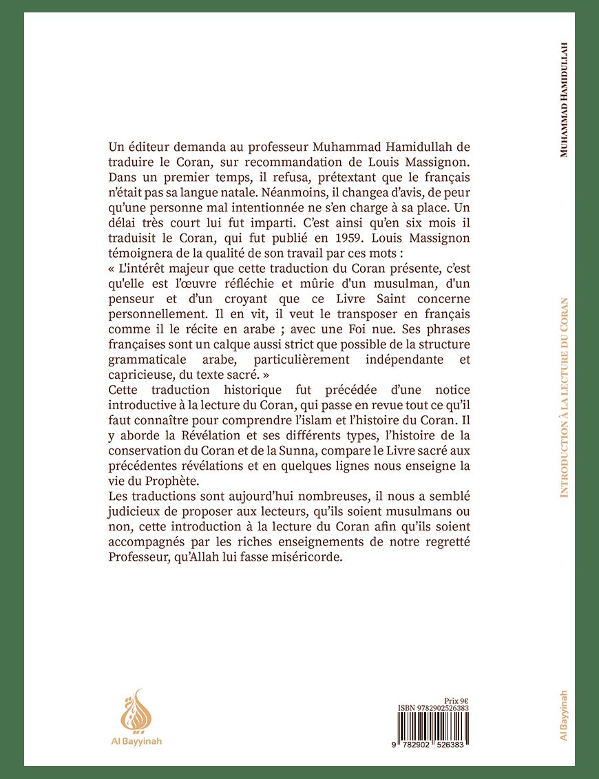 Introduction à la lecture du Coran - Muhammad Hamidullah - Al Bayyinah Al-Bayyinah Livre sur le Coran Tafsir 9782902526383 Librairie Musulmane Al-imen