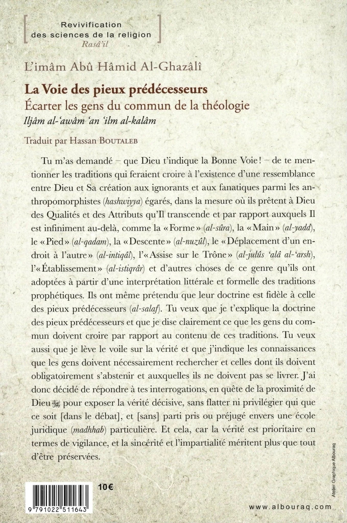 La Voie des Pieux Prédécesseurs par Abû Hamîd Al-Ghazâlî Al Bouraq Livre > Islam 9791022511643 Librairie Musulmane Al-imen