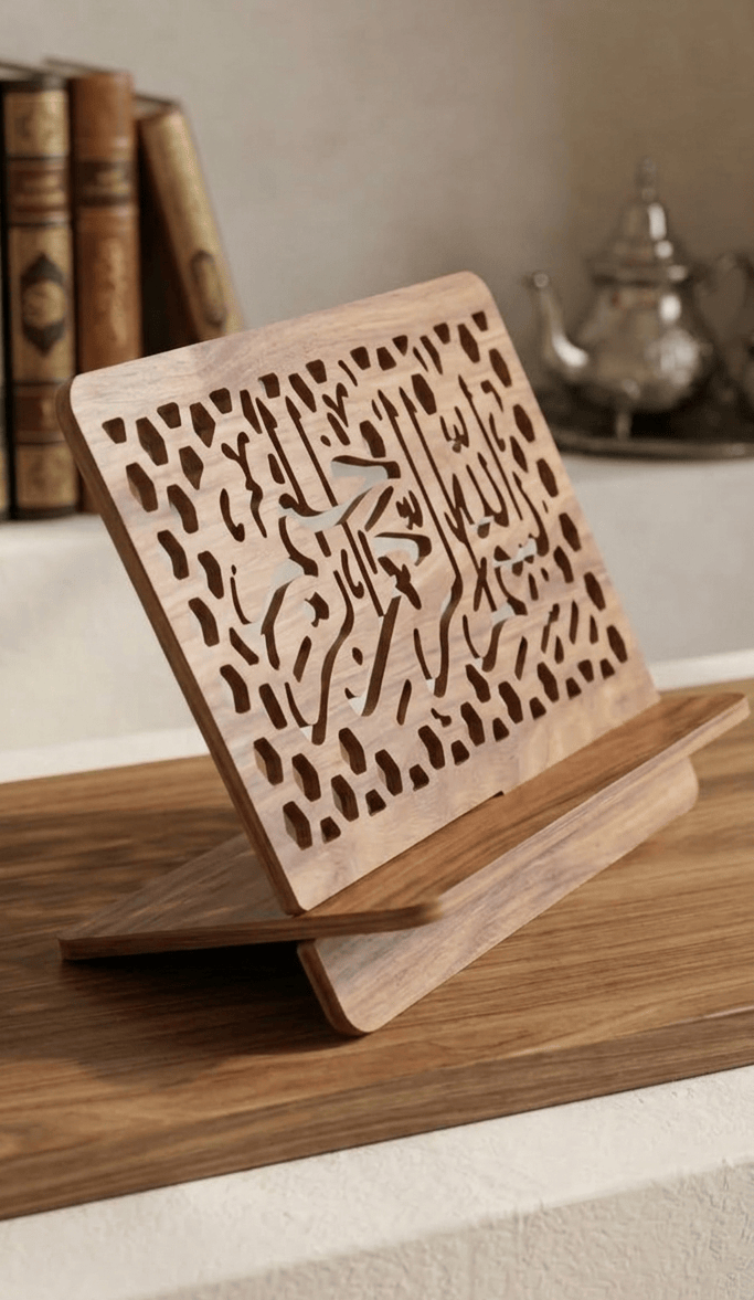 Porte-Coran (Rihal) en Bois Effet Marbre Blanc – Calligraphie "Bismillah" Mudo Porte Coran Marron Bois Librairie Musulmane Al-imen